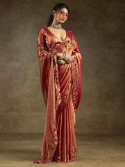 Bewitching Coral Orange Jarkan Work Satin Designer Saree With Blouse