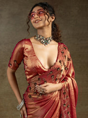 Bewitching Coral Orange Jarkan Work Satin Designer Saree With Blouse