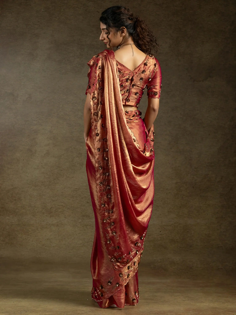 Bewitching Coral Orange Jarkan Work Satin Designer Saree With Blouse