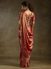 Bewitching Coral Orange Jarkan Work Satin Designer Saree With Blouse