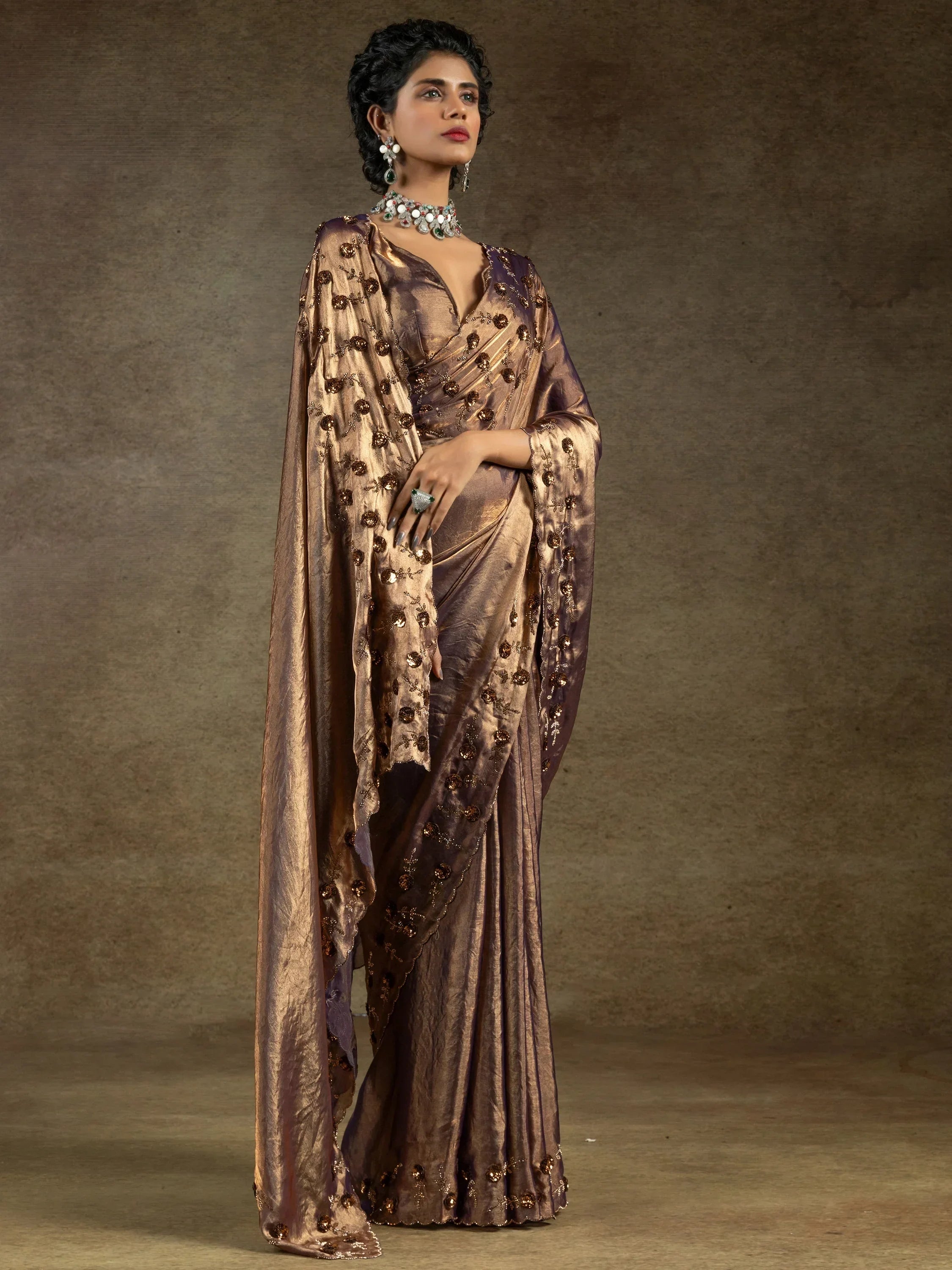 Attractive Rose Gold Jarkan Work Satin Party Wear Saree With Blouse