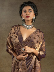 Attractive Rose Gold Jarkan Work Satin Party Wear Saree With Blouse