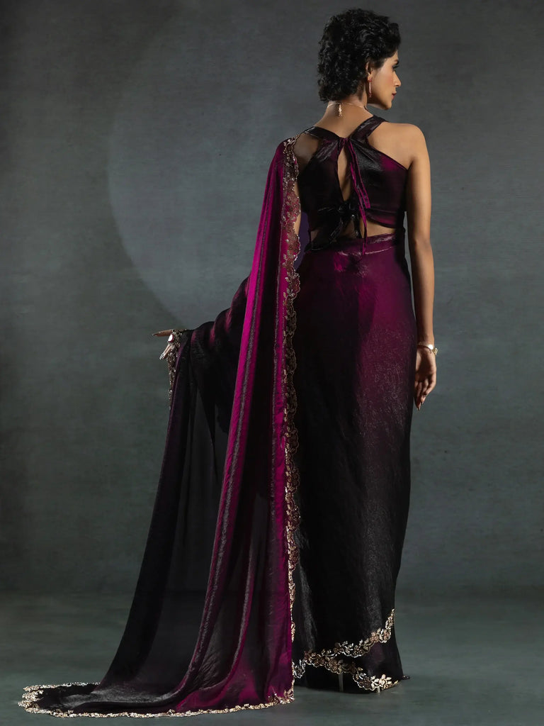 Beautiful Wine Border Work Satin Party Wear Saree With Blouse