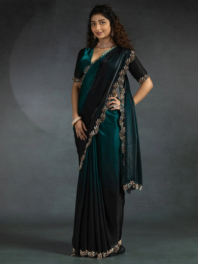 Gorgeous Teal Blue Border Work Satin Designer Saree With Blouse