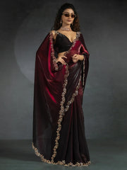 Astonishing Maroon Shaded Satin Party Wear Saree With Blouse