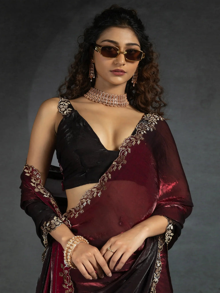 Astonishing Maroon Shaded Satin Party Wear Saree With Blouse