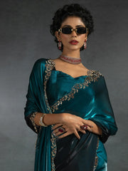 Spectacular Blue Border Work Satin Designer Saree With Blouse