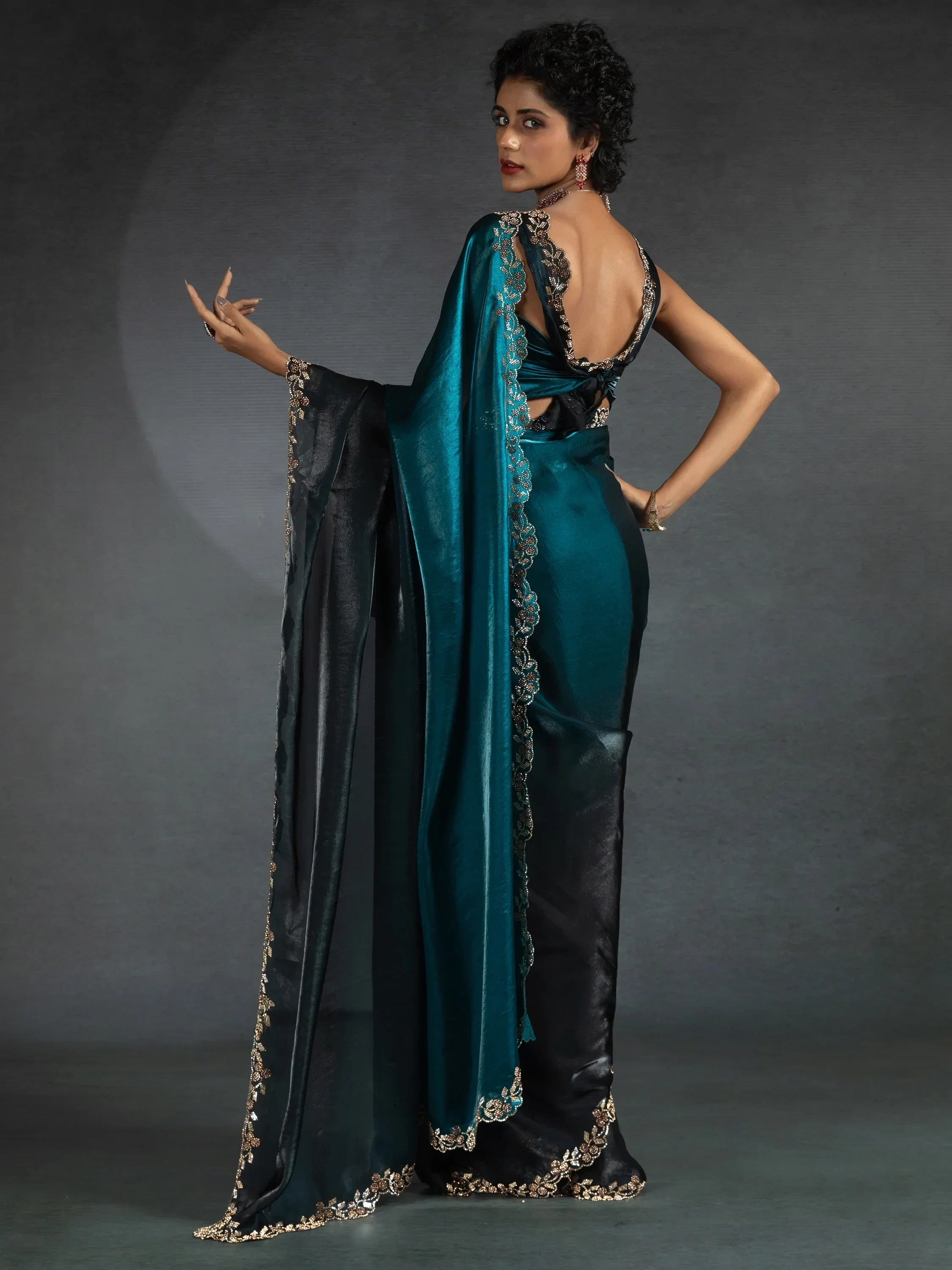 Spectacular Blue Border Work Satin Designer Saree With Blouse