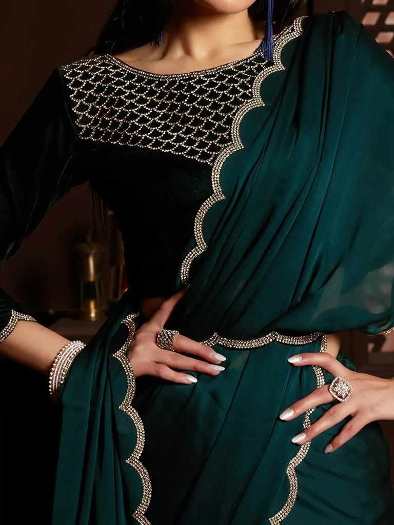 Fascinating Teal Blue Satin Party Wear Plain Saree With Blouse