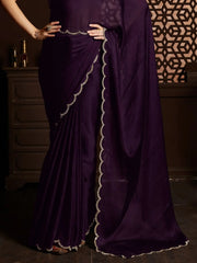 Glamorous Purple Satin Designer Plain Saree With Velvet Blouse