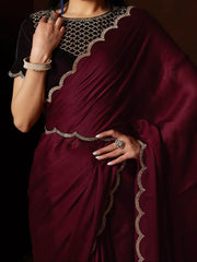 Bewitching Maroon Satin Reception Wear Plain Saree With Blouse