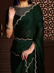 Beautiful Dark Green Satin Event Wear Plain Saree With Velvet Blouse