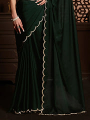 Beautiful Dark Green Satin Event Wear Plain Saree With Velvet Blouse