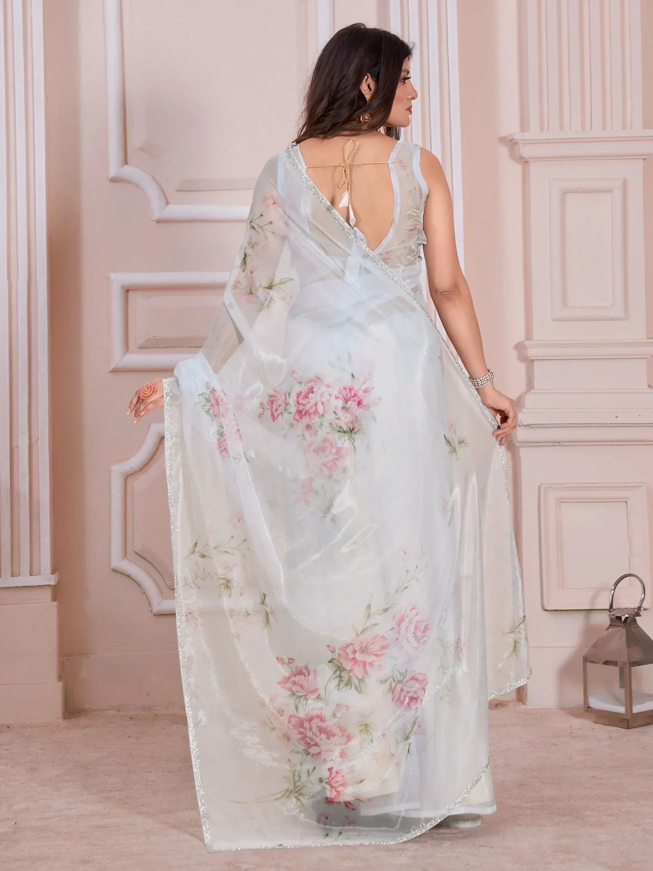 White floral saree with silver border, back view, ethnic wear for women
