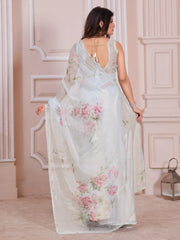 Astonishing White Floral Printed Organza Party Wear Saree With Blouse