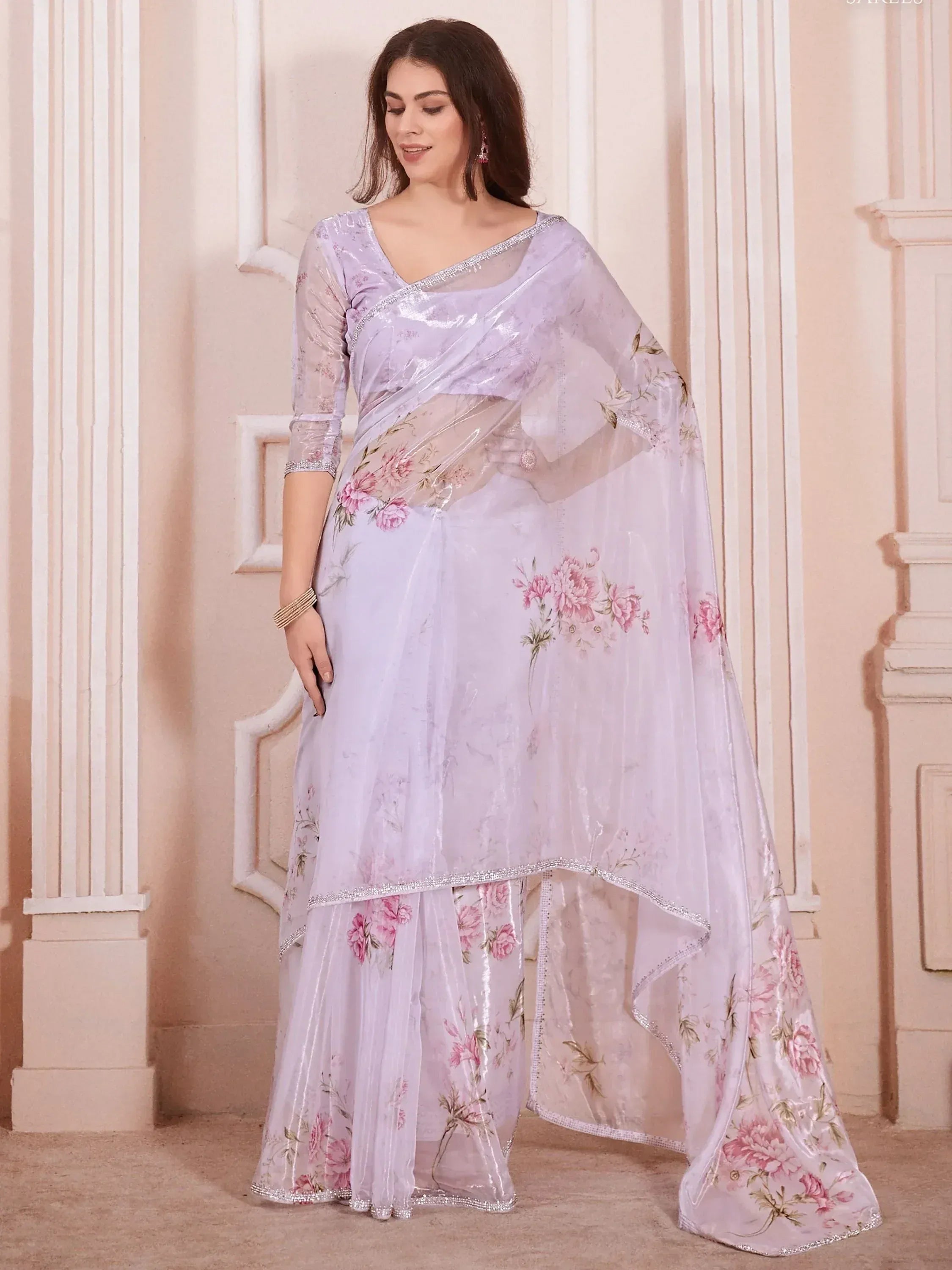 Lavender floral print saree with sheer overlay and silver trim, elegant Indian ethnic wear