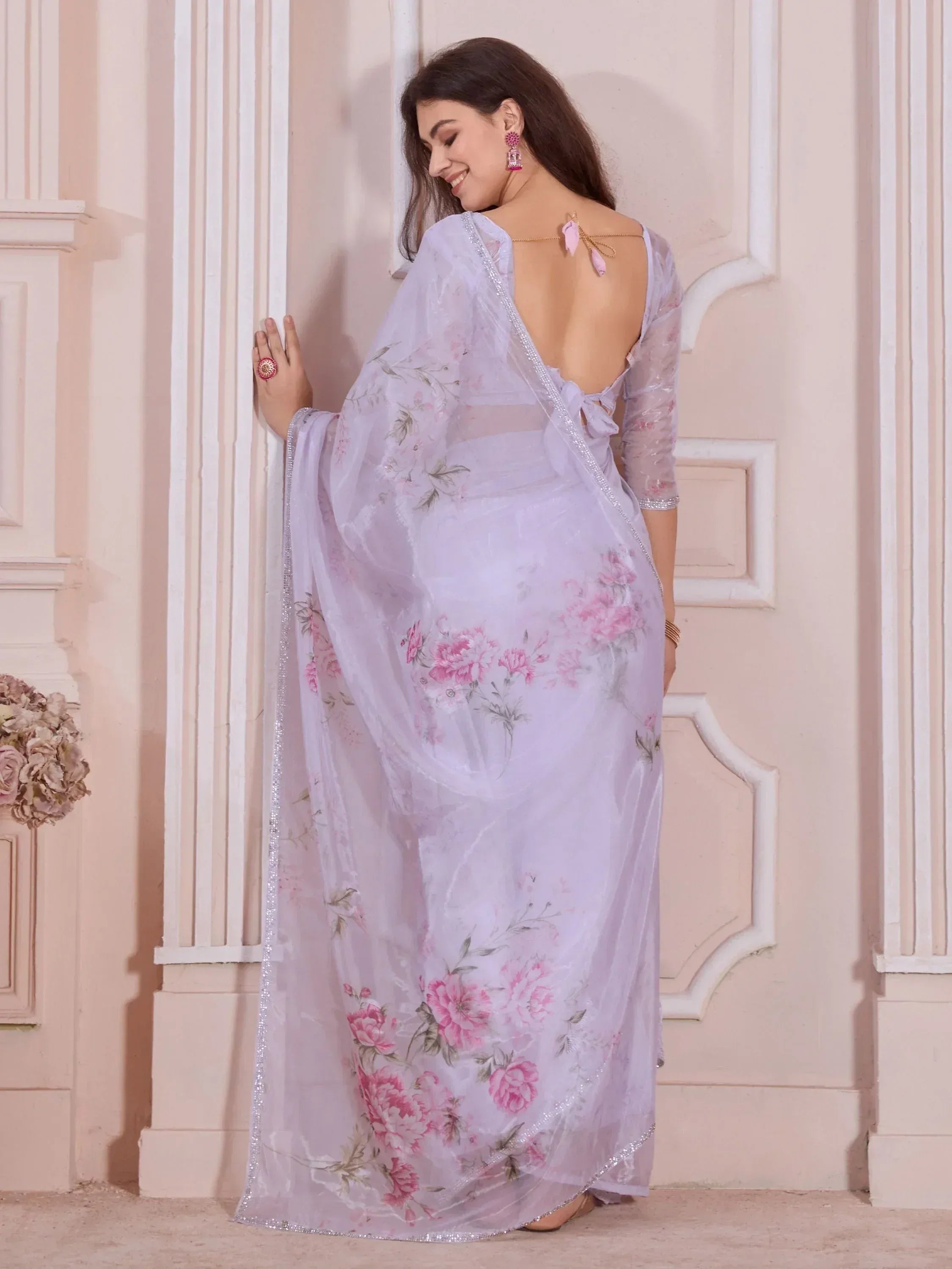 Lavender floral saree with backless blouse and silver border, Indian ethnic wear