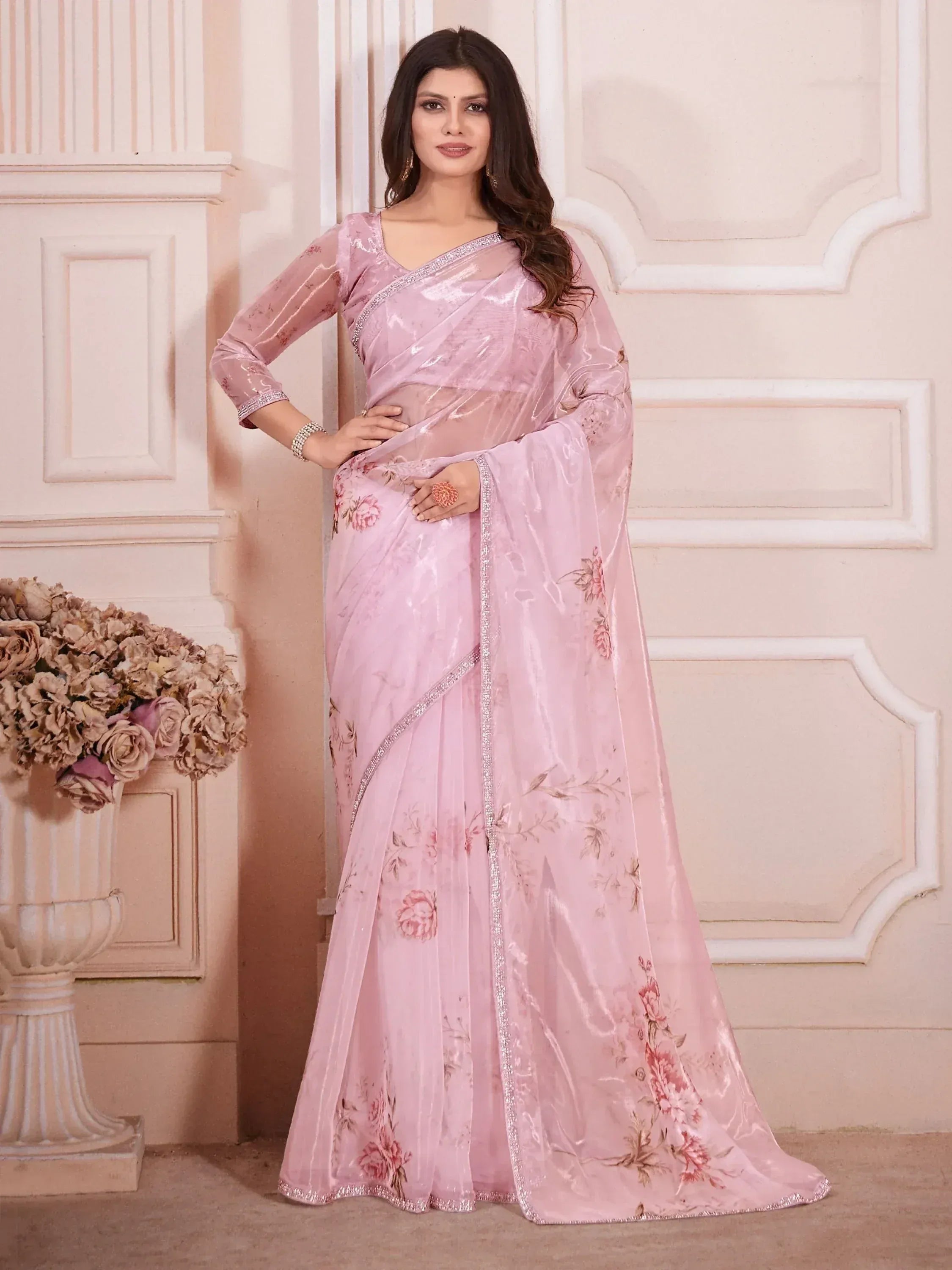 Pink floral printed saree with sequin border, ethnic wear for women