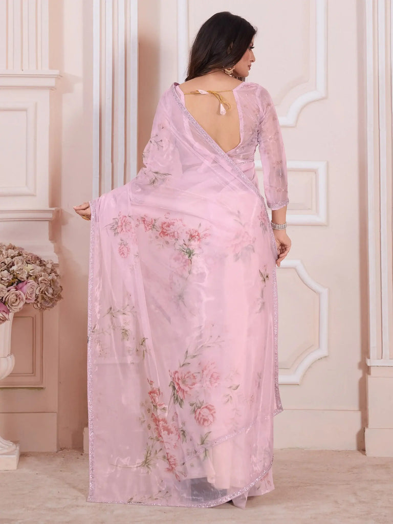 Glamorous Pink Floral Printed Organza Function Wear Saree With Blouse