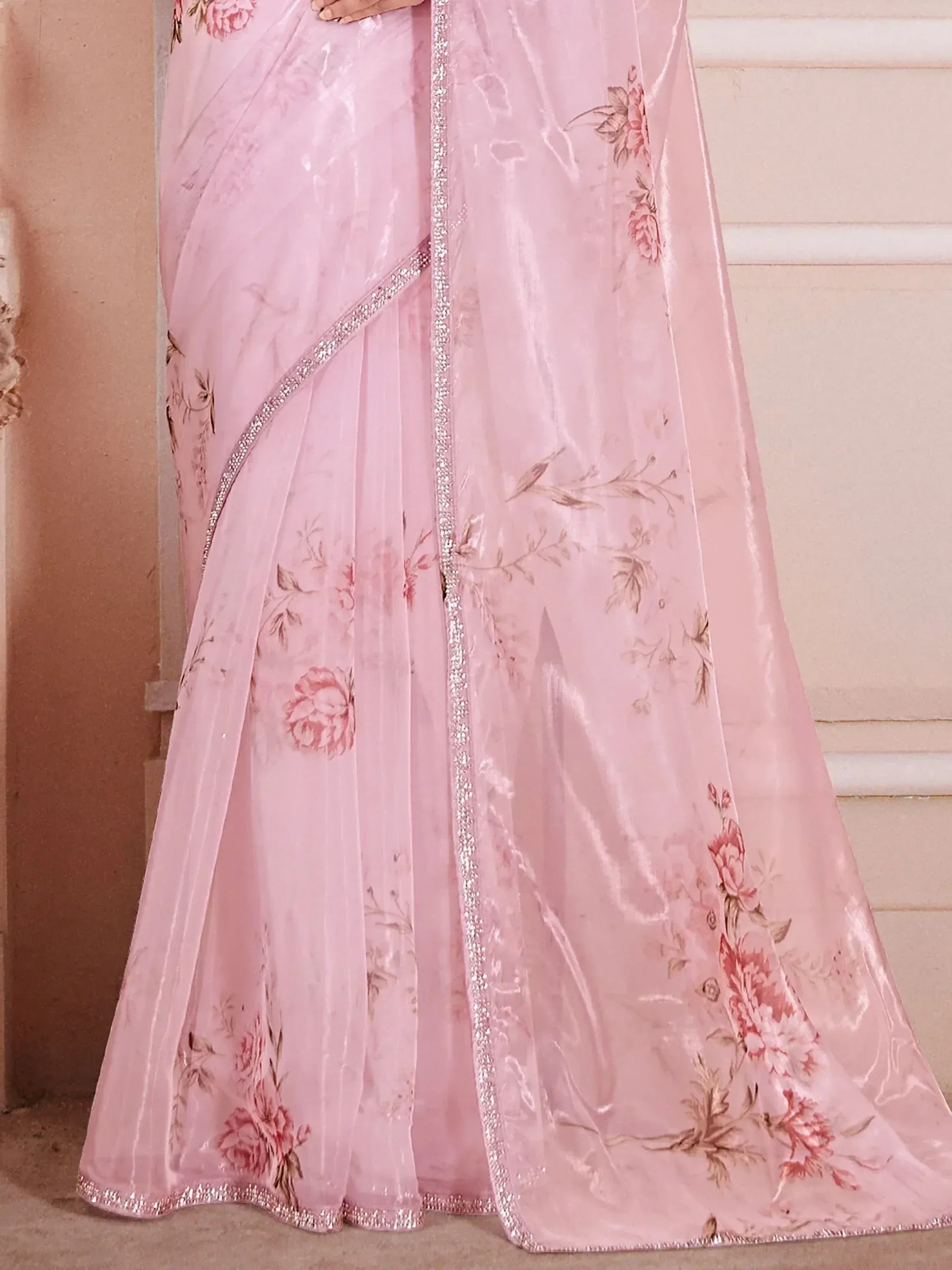 Pink floral saree with sequin border, elegant Indian ethnic wear for women