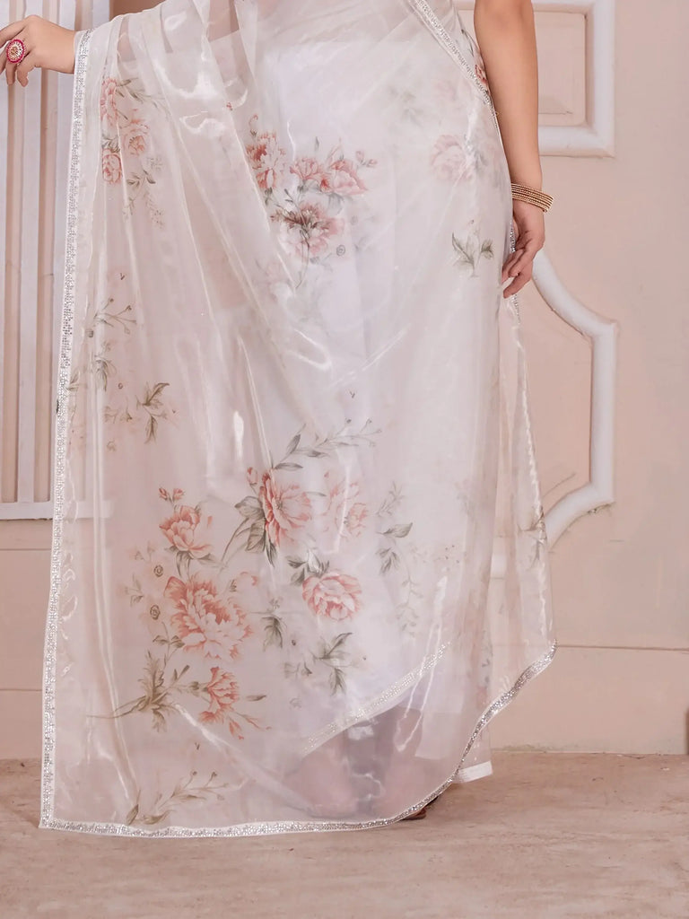 Alluring Cream Floral Printed Organza Festival Wear Saree With Blouse
