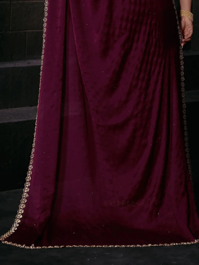 Bewitching Wine Zircon Work Satin Party Wear Saree With Blouse