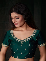 Beautiful Teal Blue Zircon Work Satin Designer Saree With Blouse