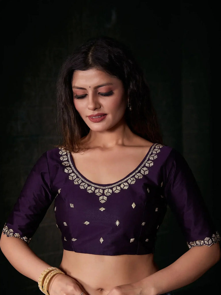 Gorgeous Purple Zircon Work Satin Reception Wear Saree With Blouse