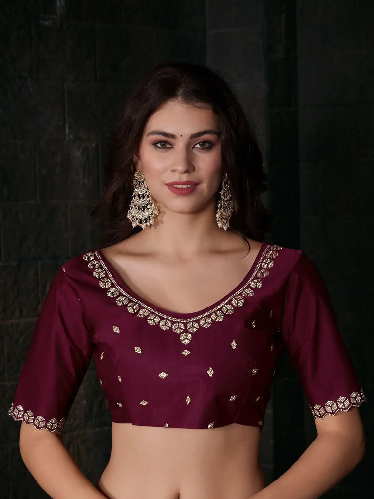 Stunning Maroon Zircon Work Satin Event Wear Saree With Blouse
