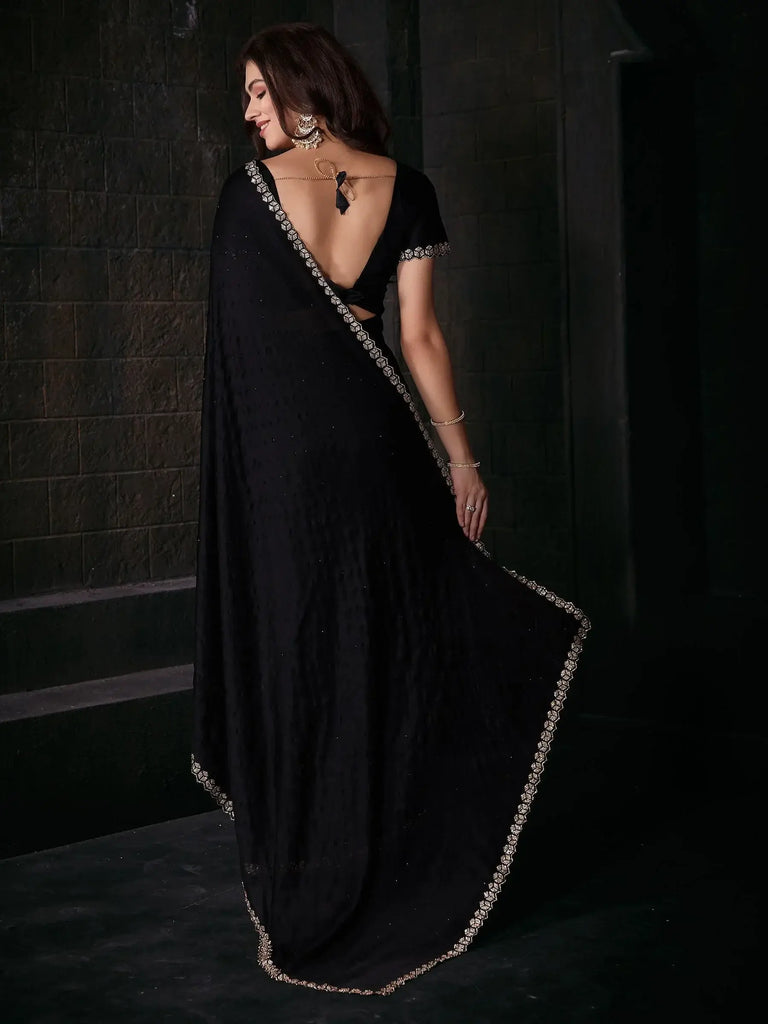Enchanting Black Zircon Work Satin Party Wear Saree With Blouse