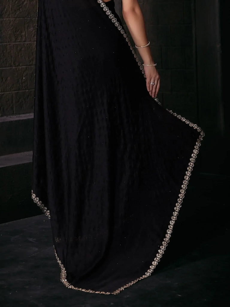 Enchanting Black Zircon Work Satin Party Wear Saree With Blouse