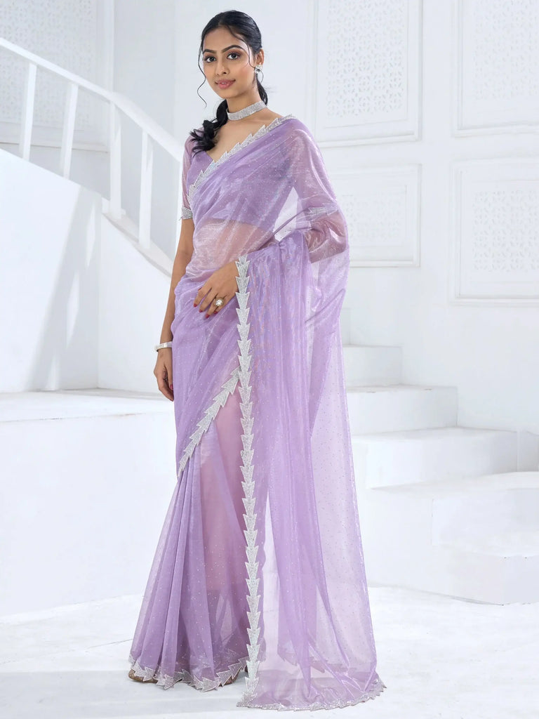 Enchanting Lavender Swarovski Work Organza Party Wear Saree