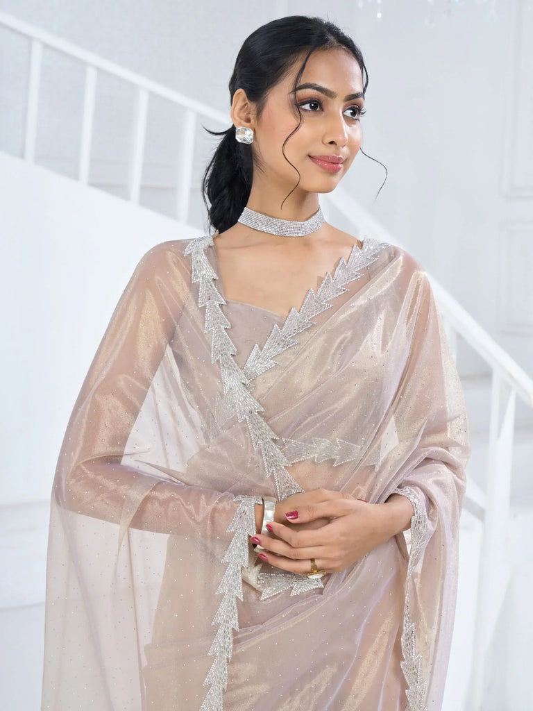 Charming Beige Swarovski Work Organza Designer Saree With Blouse