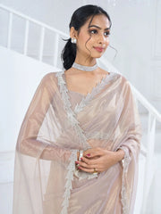 Charming Beige Swarovski Work Organza Designer Saree With Blouse