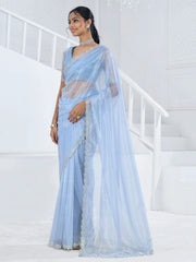 Fascinating Light Blue Swarovski Work Organza Saree With Blouse