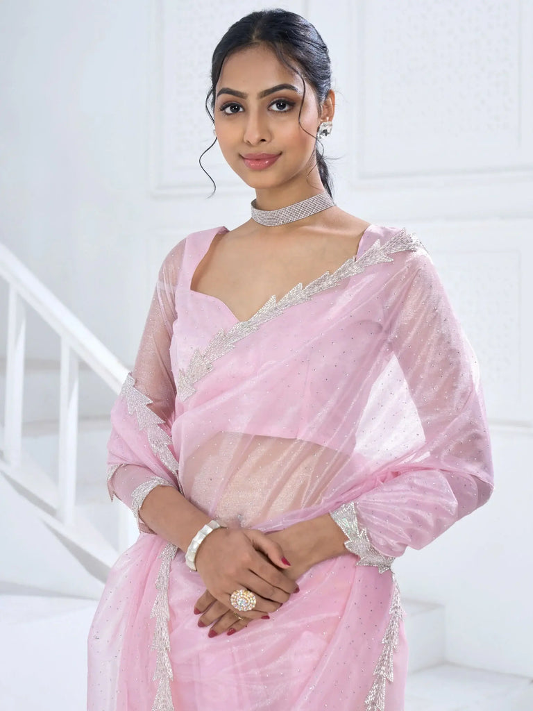 Bewitching Baby Pink Swarovski Work Organza Party Wear Saree
