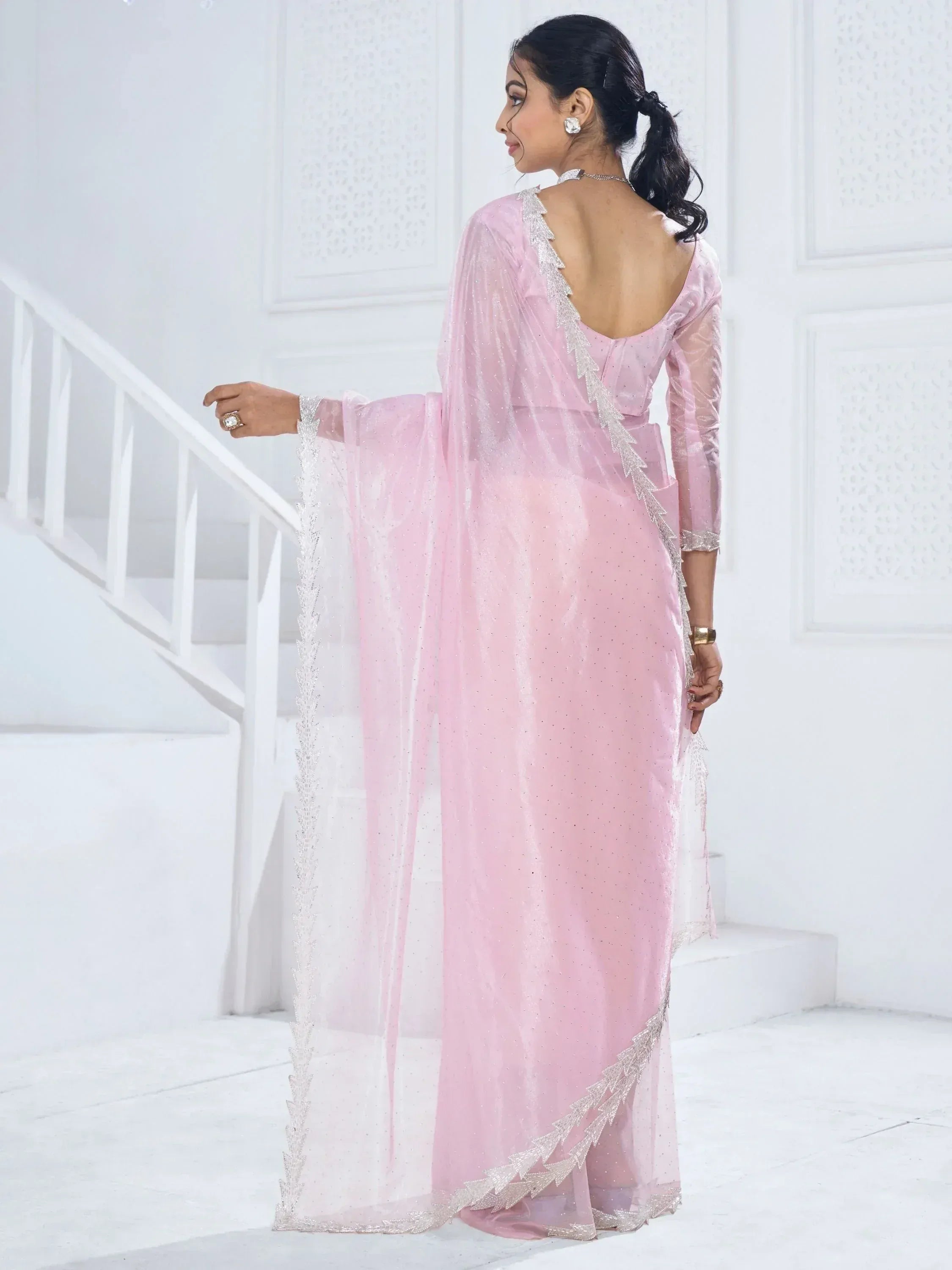 Pink ethnic gown with sheer overlay and silver embellishments, back view on staircase