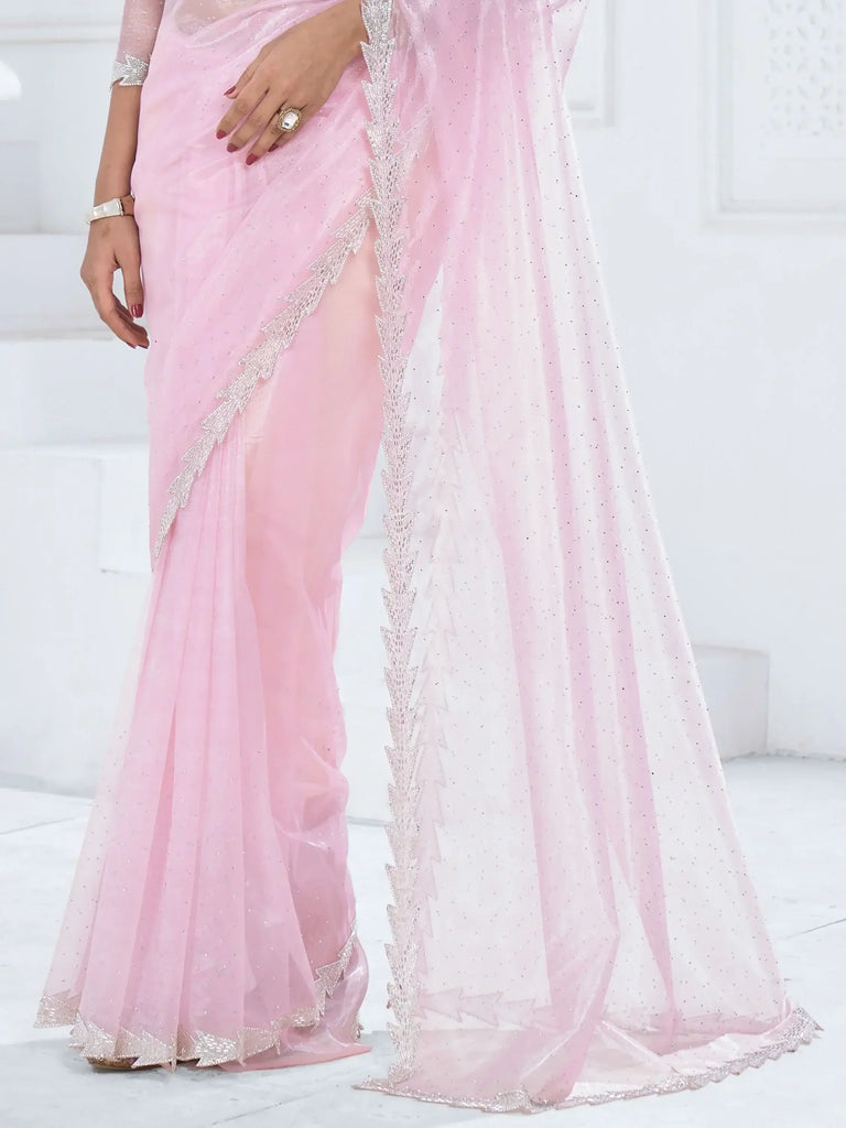 Bewitching Baby Pink Swarovski Work Organza Party Wear Saree