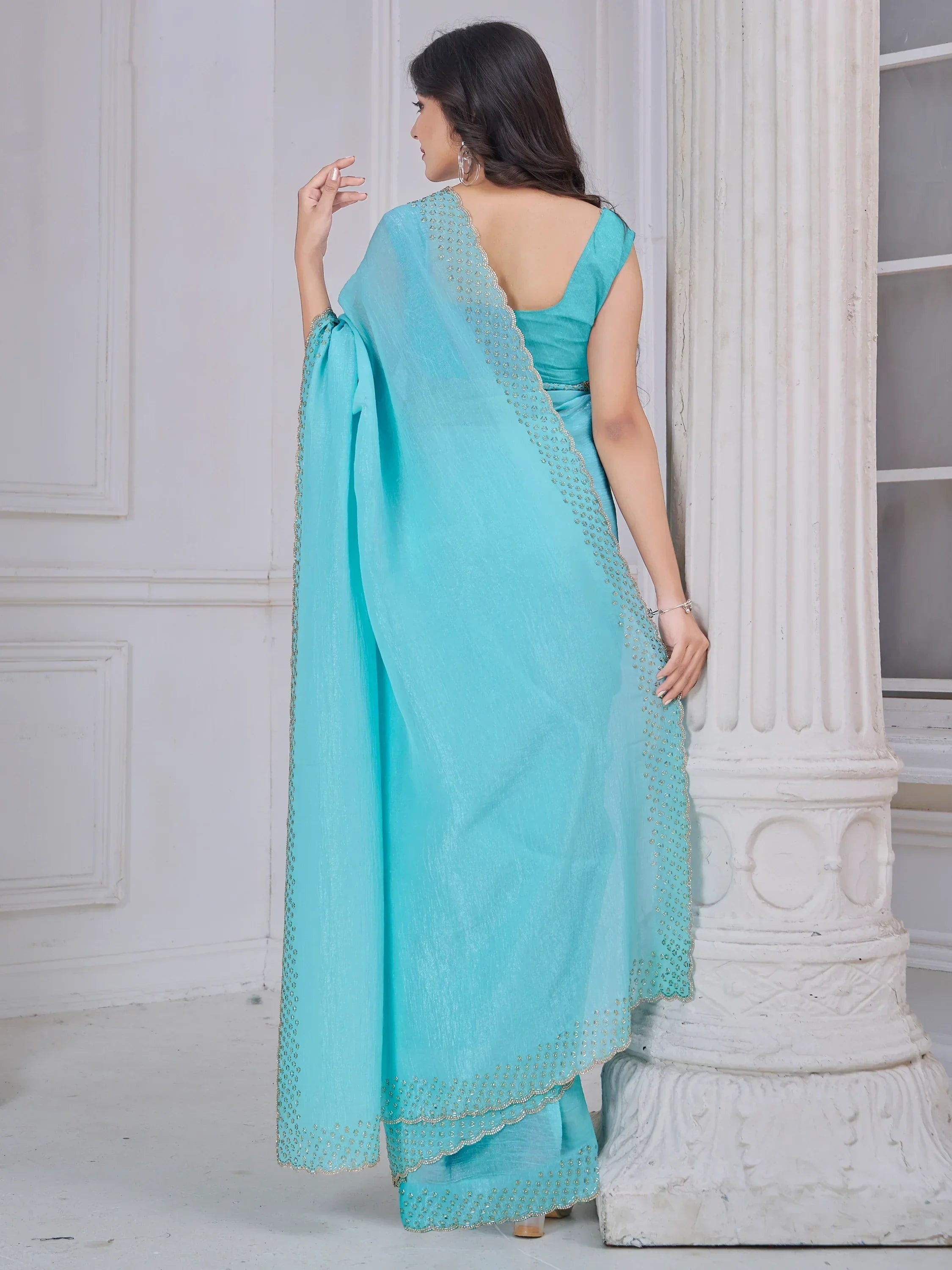 Dazzling Sky-Blue Border Work Organza Bollywood Saree With Blouse