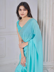 Dazzling Sky-Blue Border Work Organza Bollywood Saree With Blouse