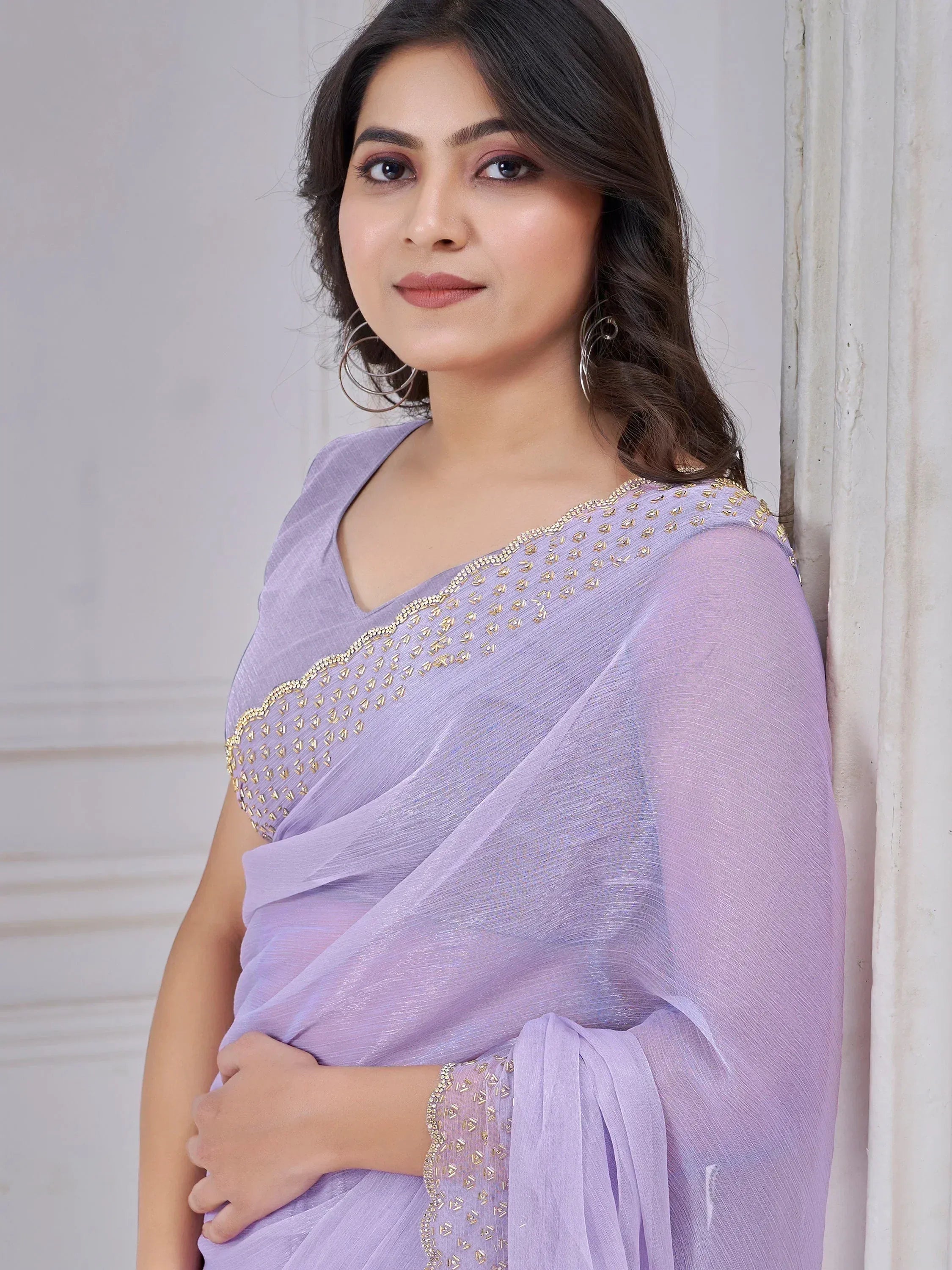 Lavender saree with gold embroidery, Indian ethnic wear for women