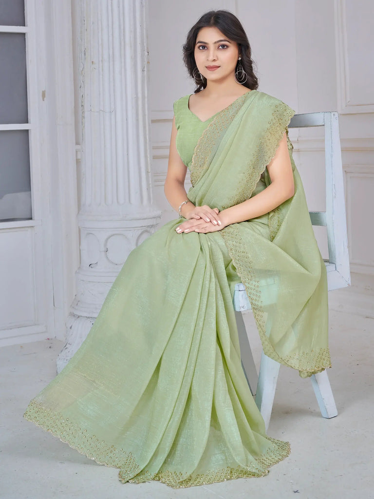 Awesome Pista Green Border Work Organza Festival Wear Saree