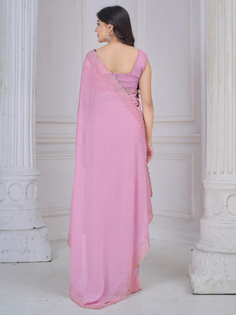 Amazing Pink Border Work Organza Party Wear Saree With Blouse