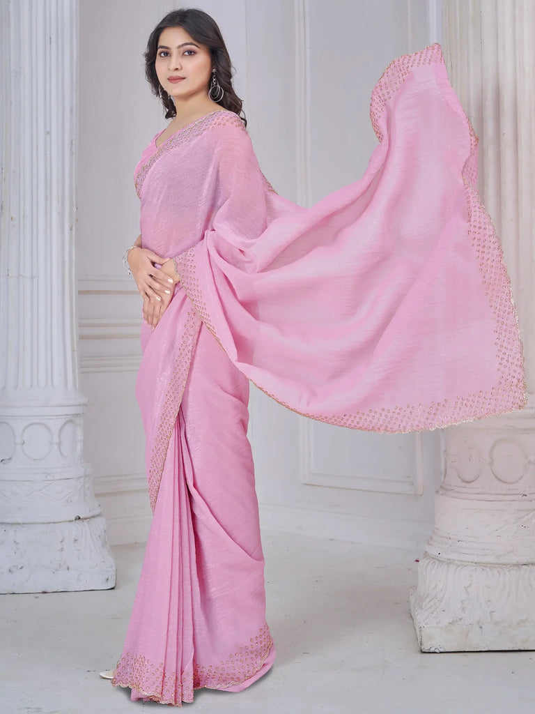 Amazing Pink Border Work Organza Party Wear Saree With Blouse