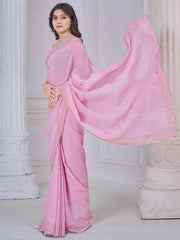 Amazing Pink Border Work Organza Party Wear Saree With Blouse