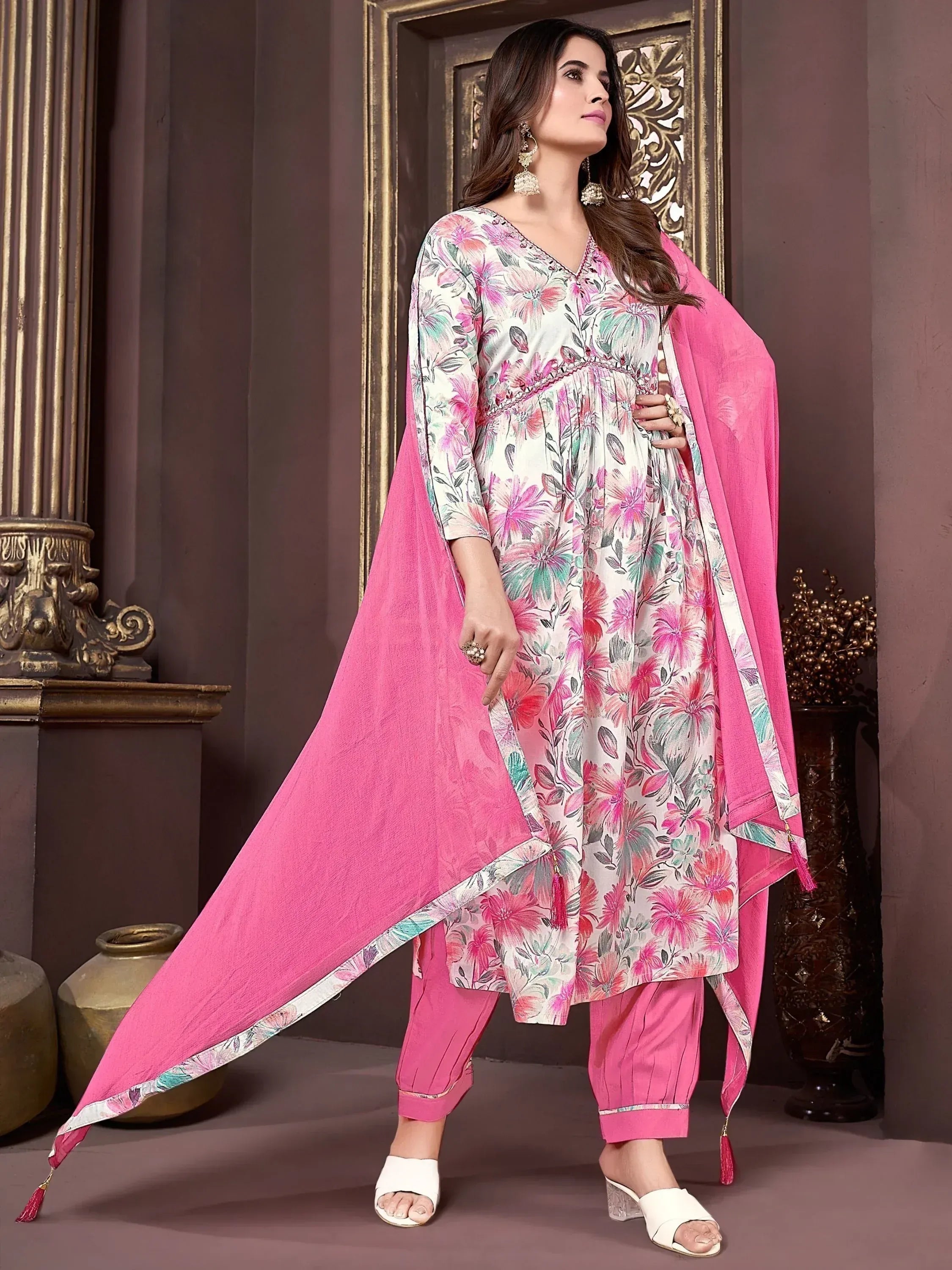 Floral print salwar kameez with pink dupatta, ethnic wear for women
