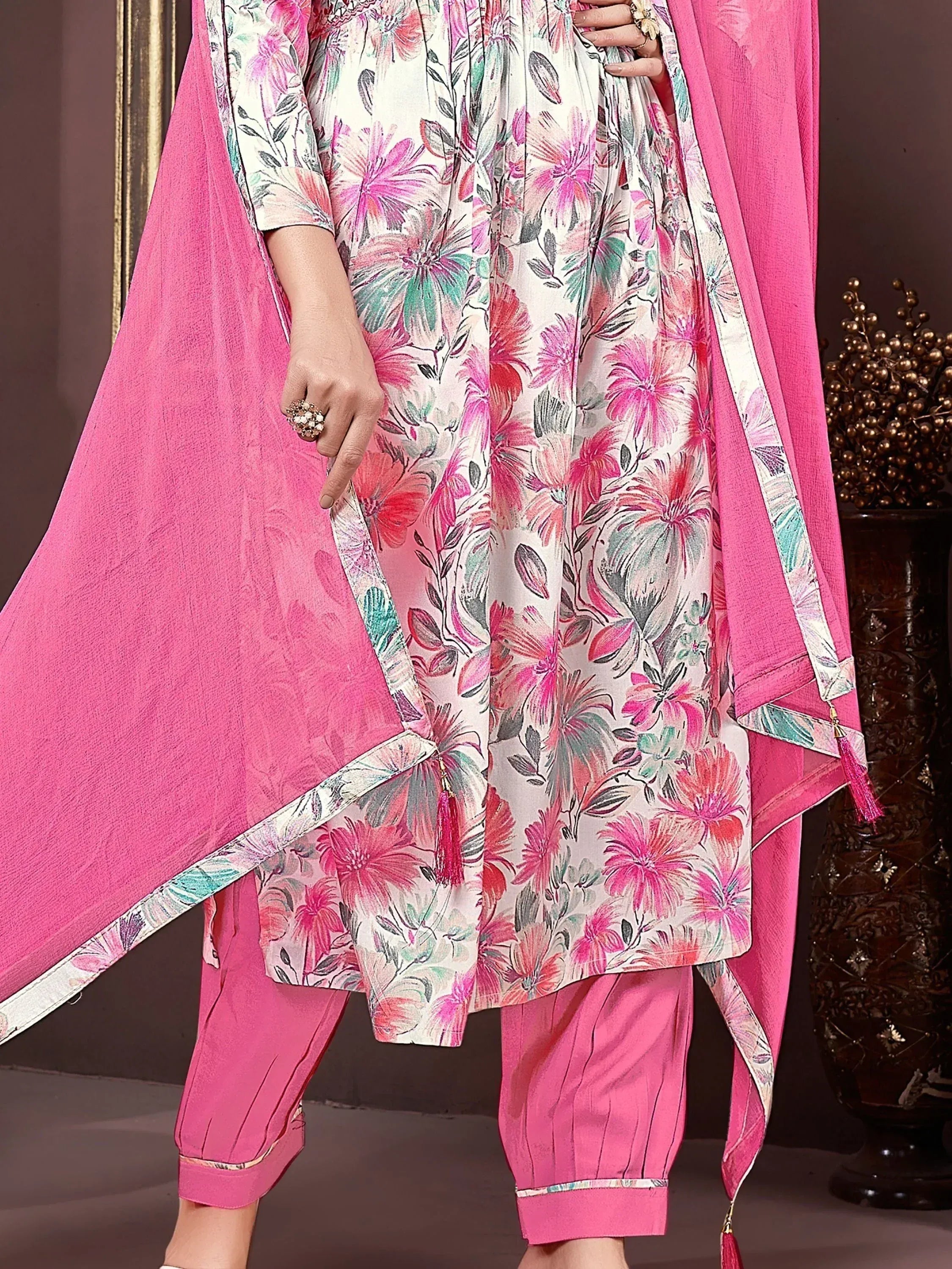 Floral printed ethnic salwar kameez with pink dupatta and matching pants