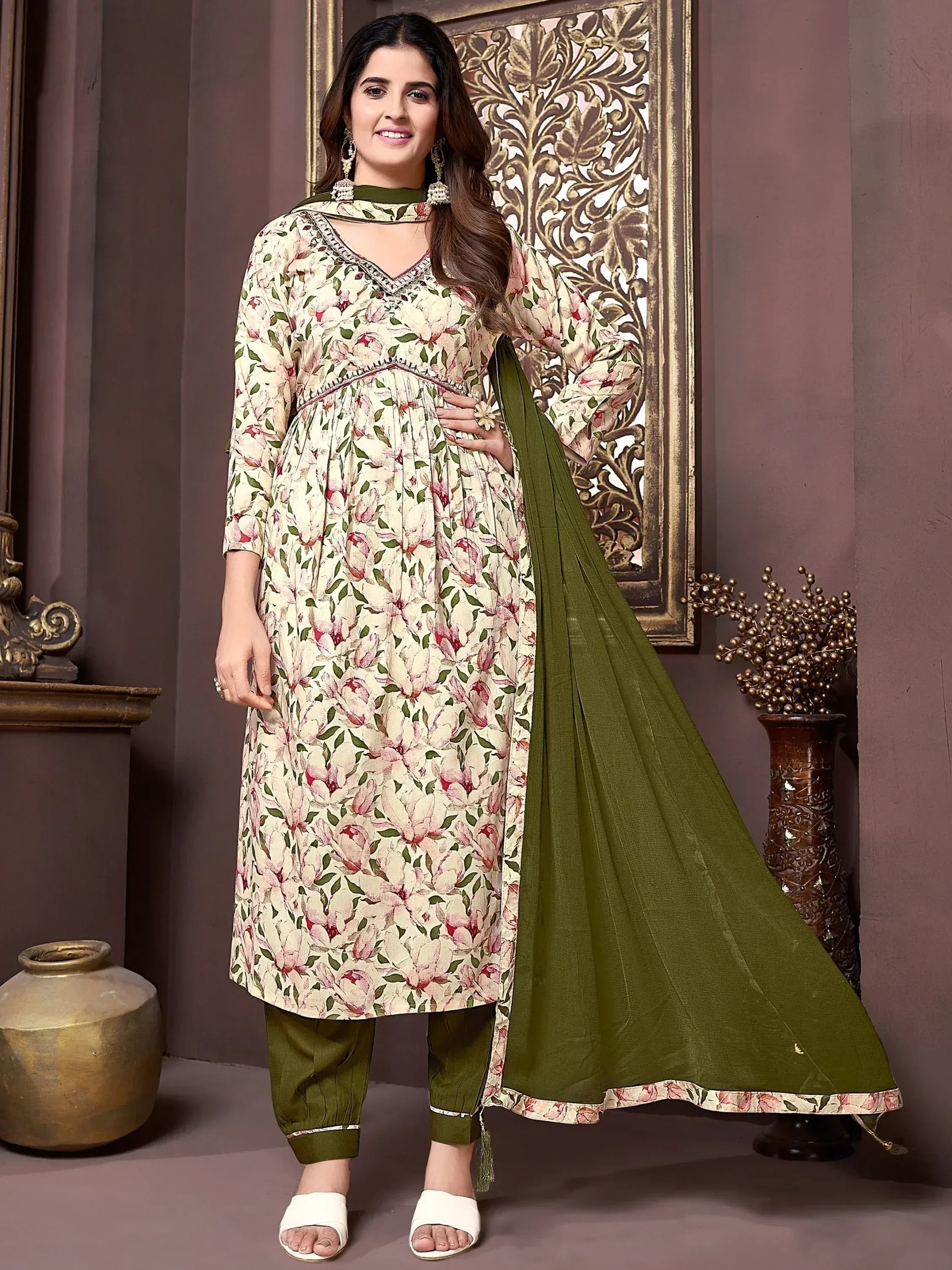 Floral printed ethnic kurti with olive green palazzo and dupatta, perfect for Indian wear