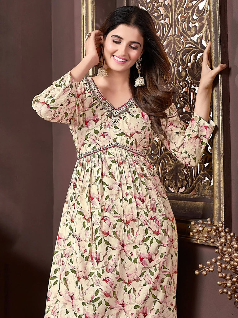 Stunning Cream Floral Printed Rayon Festival Wear Salwar Kameez