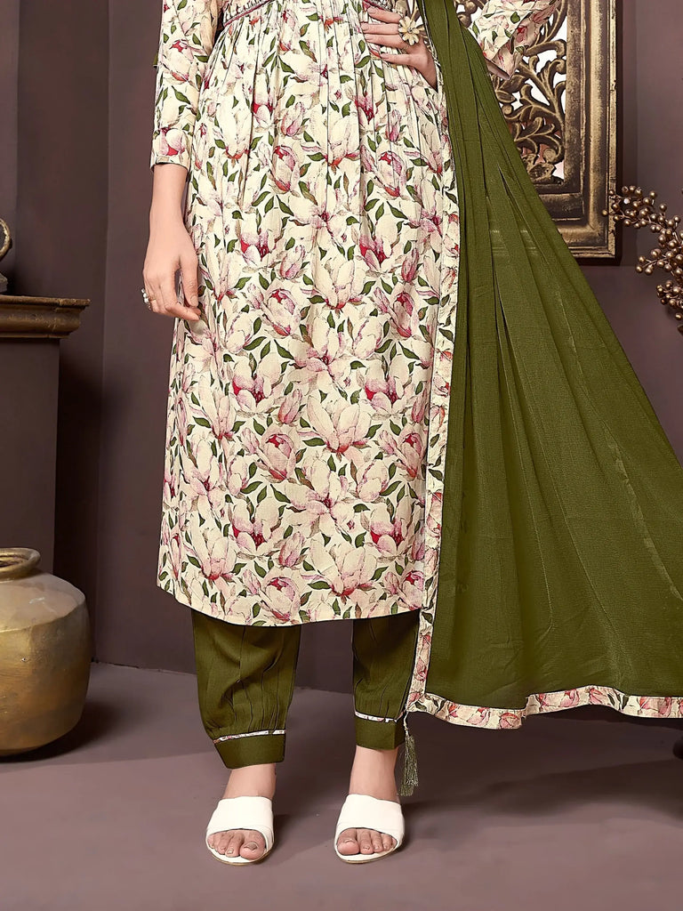 Stunning Cream Floral Printed Rayon Festival Wear Salwar Kameez